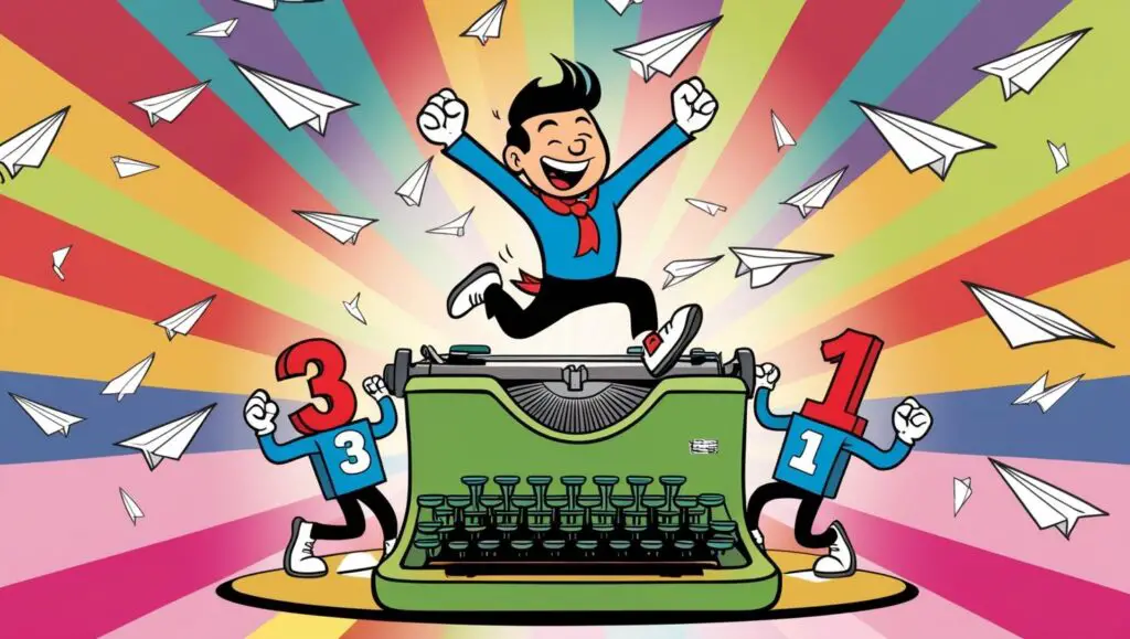 A stick figure doing a victory dance on top of a giant typewriter, with the numbers 3 and 1 acting as backup dancers. Background is a radial gradient from hot pink to electric blue with floating paper airplanes made from poem pages.