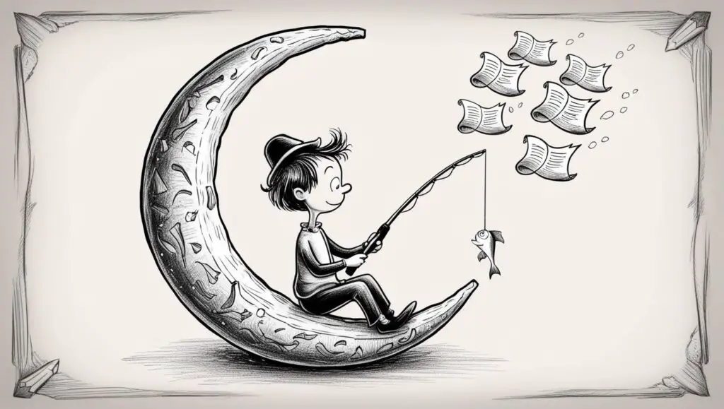 A cartoon sitting on a crescent moon made of pencil shavings, fishing for ideas with a pen-fishing-rod that's catching flying story prompts. 